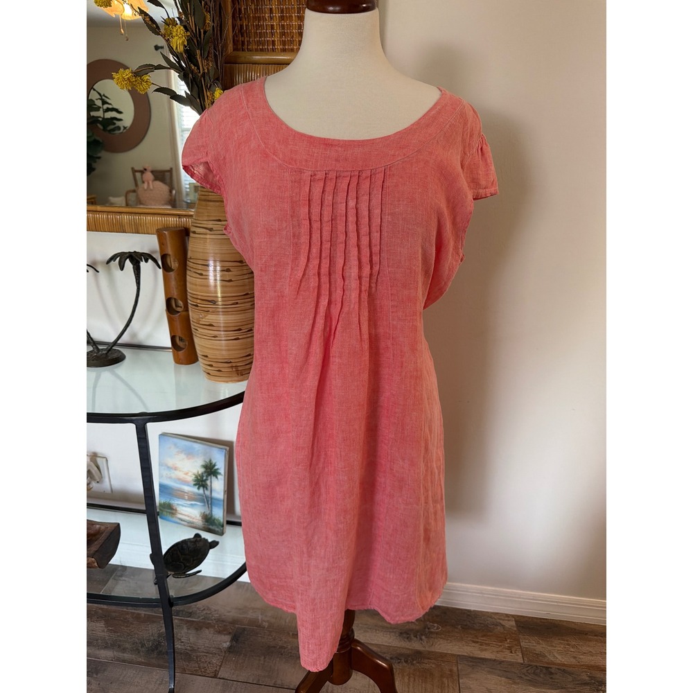 COLETTE 100% Italian Linen Pintuck Coral Shift Dress Scoopneck size M/L